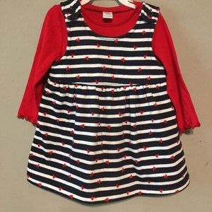 3/$10 Old Navy Striped Navy Blue & White Dress w/ Hearts & Red Bodysuit 6-12 Mo